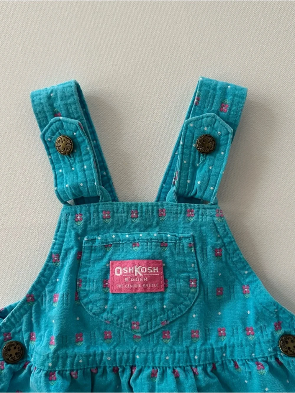 OshKosh B'gosh Vintage 24 Months Aqua Blue Pink Floral Jumper Dress USA